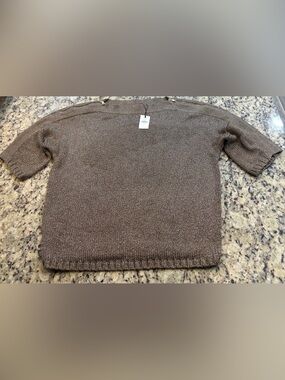 GAP Taupe Knit Short-Sleeve Sweater with Gold Zipper Shoulder Accents